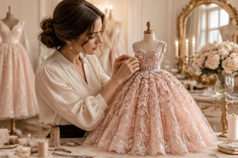 Costureira ajustando um vestido rosa em um manequim no ateliê