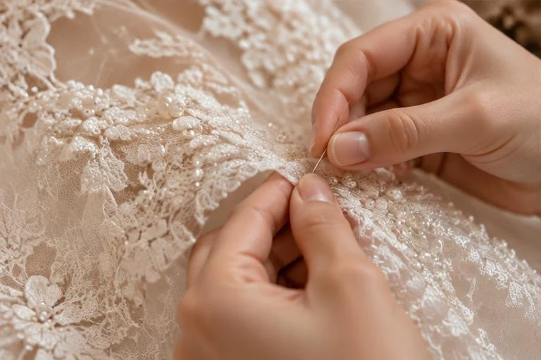 Mãos bordando renda branca com agulha e pérolas