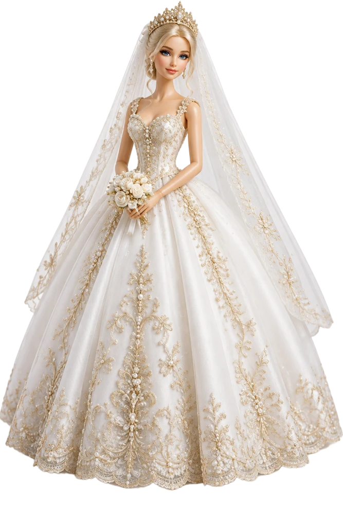 Boneca noiva loira com tiara, véu e vestido branco bordado em dourado