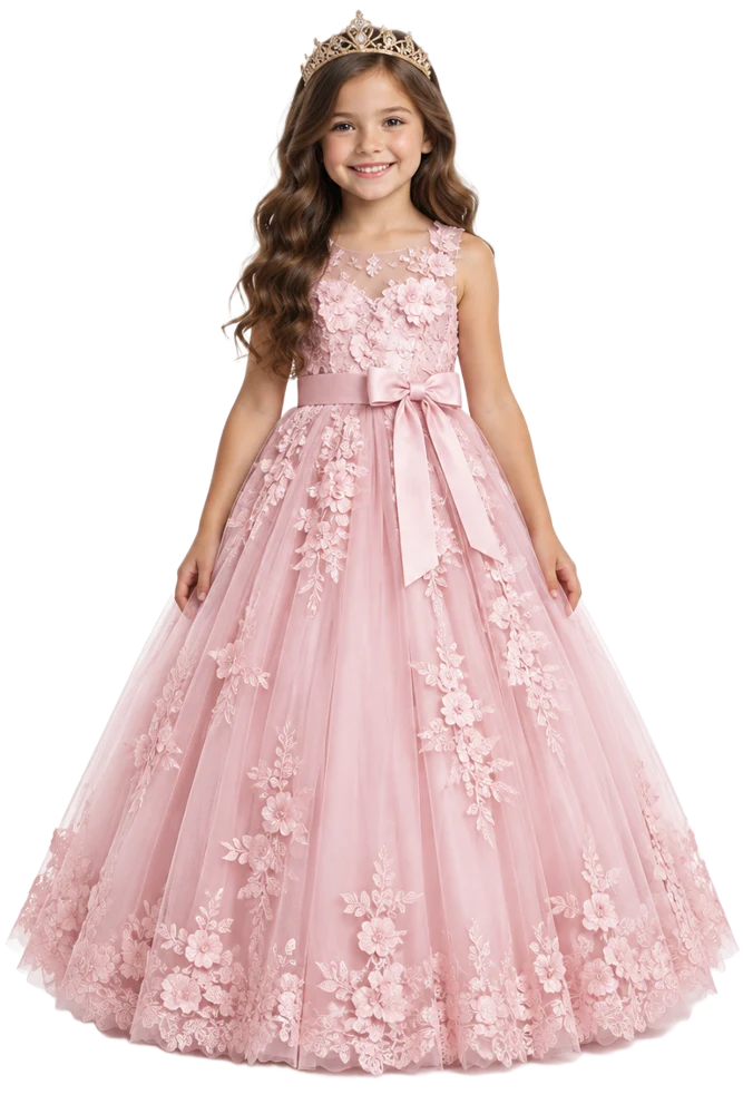 Menina sorridente com tiara e vestido de festa rosa com renda e tule